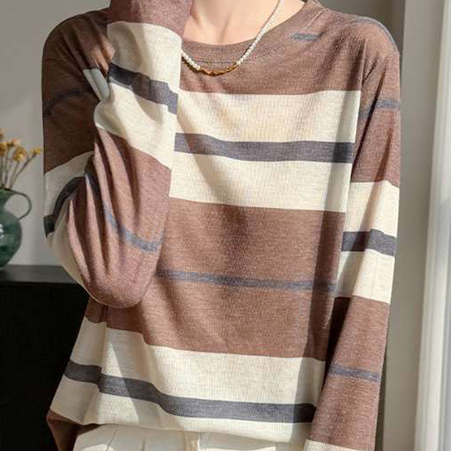 더시럽 여성용 얇은 라운드 컬러블록 긴팔 니트 티셔츠