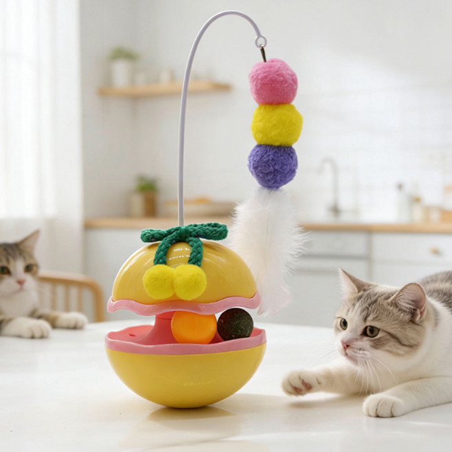 딩동펫 고양이 리본 깃털 오뚝이 트랙볼 장난감, 옐로우, 1개