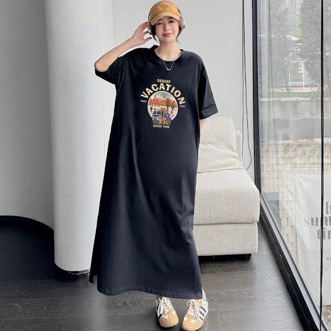 디멜디 임산부 휴양지 프린팅 통 롱 반팔 원피스