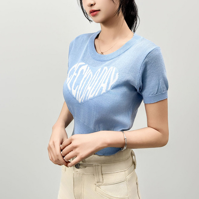 더시럽 여성용 힐다 하트 레터링 크롭 반팔 니트티