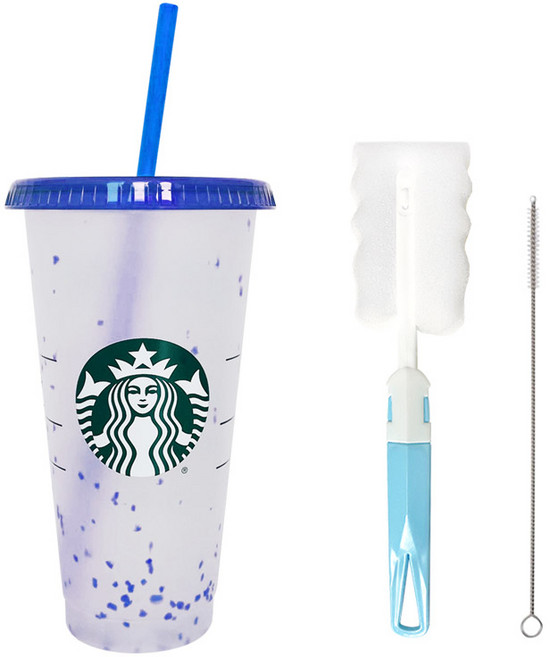 STARBUCKS 星巴克 夏季五彩紙屑變色可重複使用冷飲杯 + 清潔刷禮品組, 深藍色(冷飲杯), 隨機出貨(清潔刷), 710ml, 1套