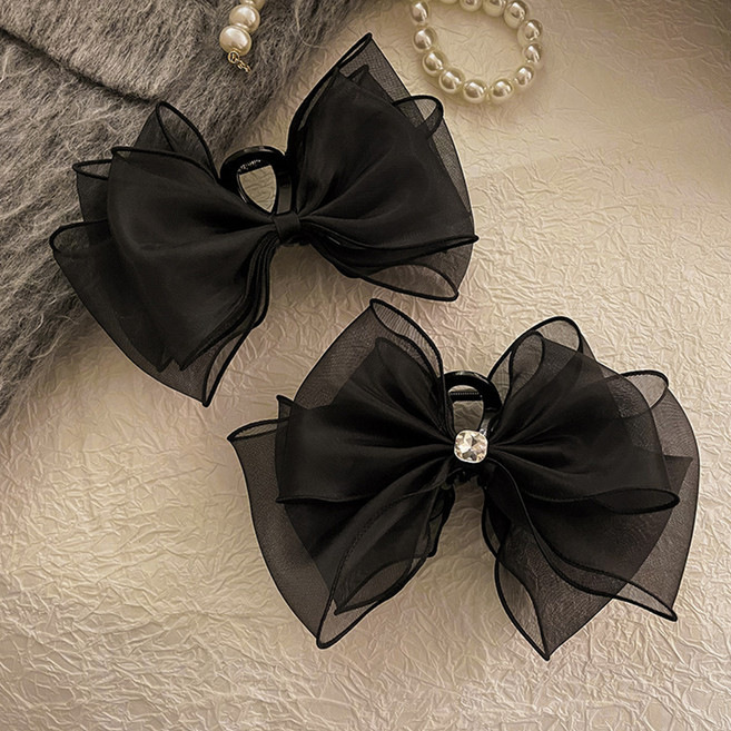 젤루나 쉬폰 리본 큐빅 헤어 집게핀 15cm 기본 + 큐빅 세트 H-125