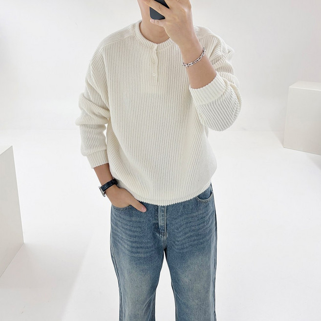 Adore Classic 男士 Moend 亨利領圓領羅紋日常情侶針織衫