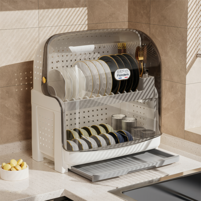 프란다스 방충뚜껑 식기건조대 보관함, 화이트 + 투명, 1개, 2단