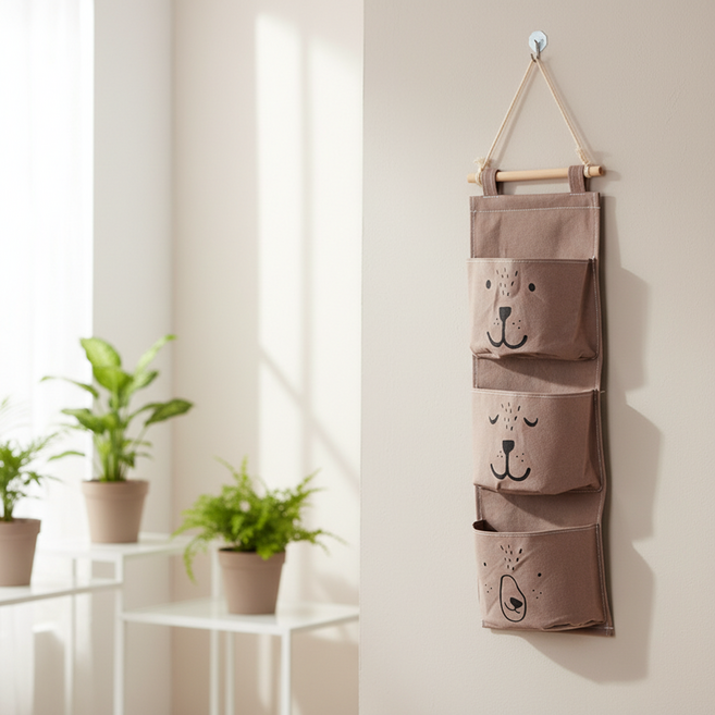 조인메이드 곰 침대 옆 도어 패브릭 방수 가방 보관 벽걸이 수납 포켓, 커피