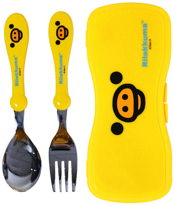 엠제이씨 리락쿠마 얼굴 식기 세트, 옐로우, 스푼 + 포크 + 케이스, 1세트