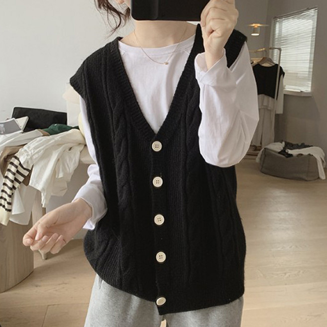 peilit 女性寬鬆版V領麻花針織背心