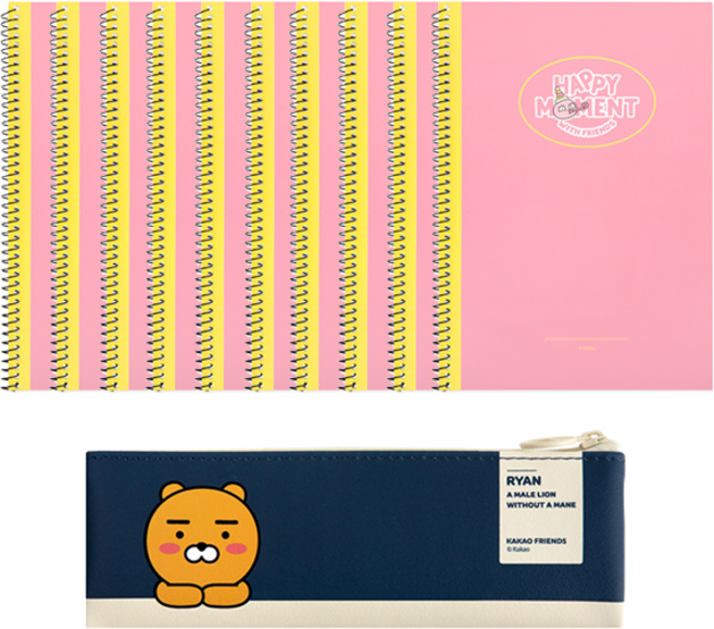 KAKAO FRIENDS 迷你扁平鉛筆盒 + Happy Moment A5線圈筆記本 10入, 1套, Ryan(鉛筆盒), Apeach(線圈筆記本)