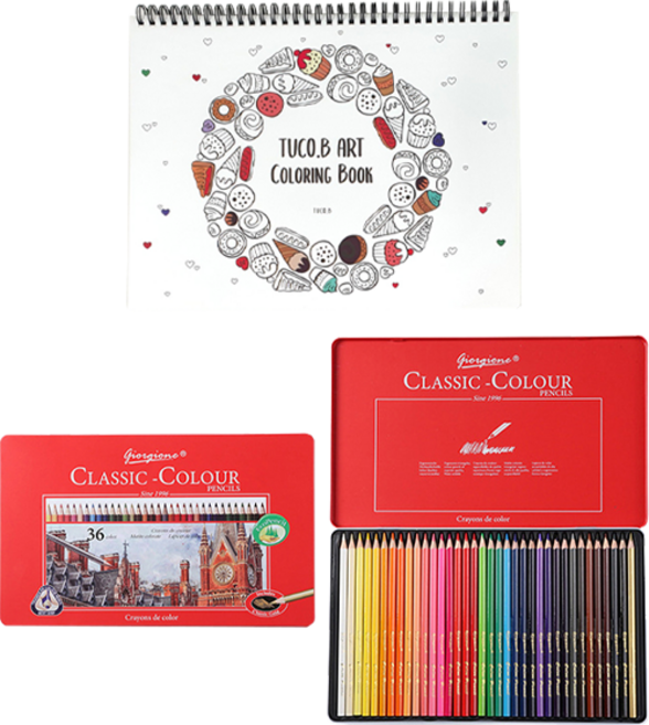 투코비 아트 컬러링북 디저트 스프링 랜덤발송 + 조르조네 삼각 유성색연필 36색 세트, 동아피엠에스, 동아피엠에스