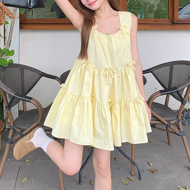 더시럽 여성용 리본 보타이 캉캉 나시 미니 원피스