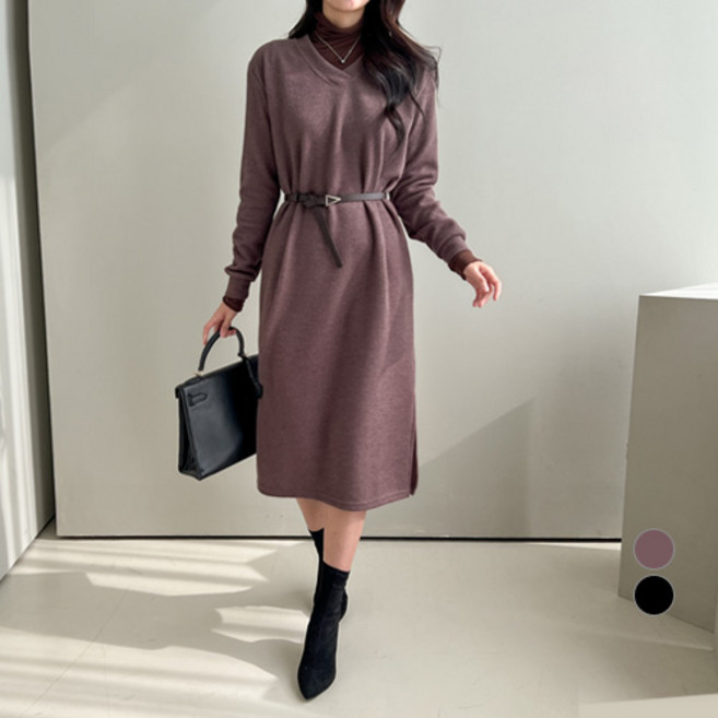 koolcoo 女款羅紋針織V領洋裝, 棕色