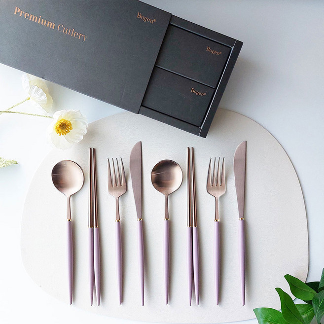 보겐 에펠 양식 2인조 선물세트, 로즈골드 + 다크핑크, 디너스푼 2p + 젓가락 2p + 포크 2p + 나이프 2p