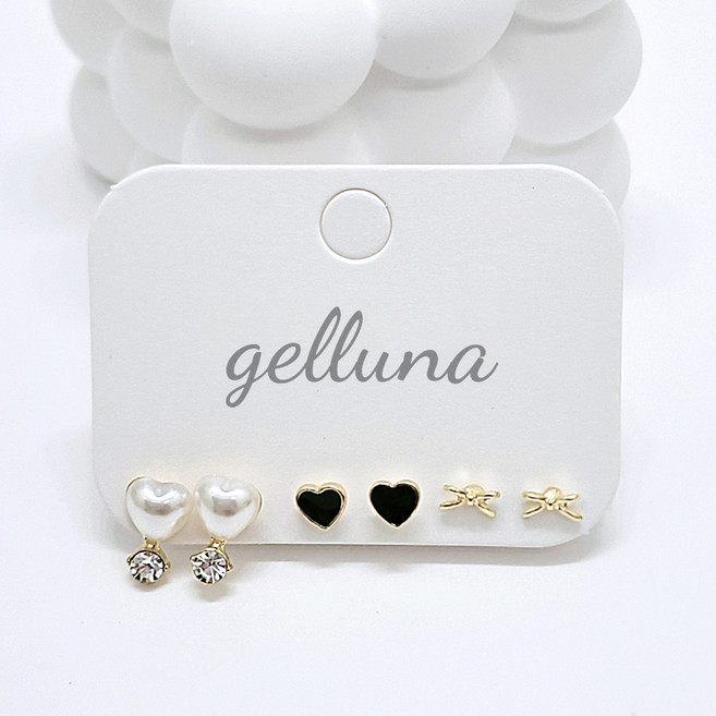 젤루나 (6pcs) 블랙 하트 진주 리본 큐빅 귀걸이 세트 73