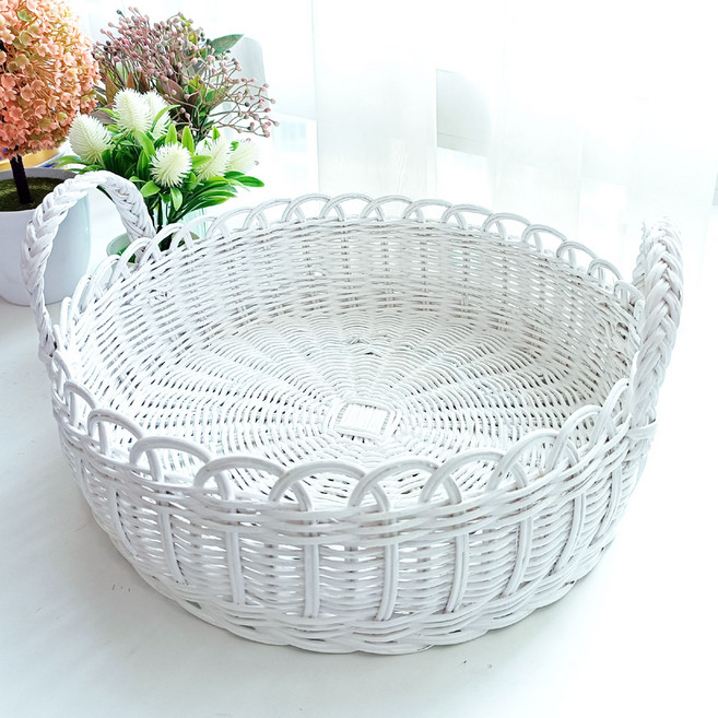 라탄샵 등나무 원형 손잡이 쟁반 라탄 바구니 J083W, 화이트, 1개