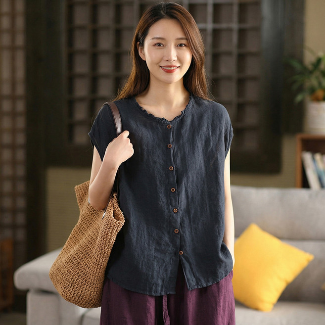 INFIOUS 女款領口荷葉邊亞麻大尺碼襯衫 I263-0215