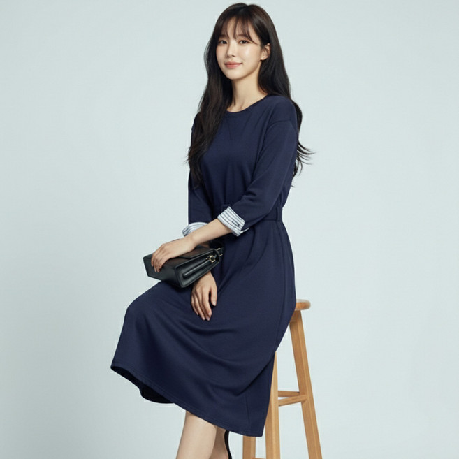 페이퍼먼츠 르니 소매 배색 벨트 미디 원피스 14449