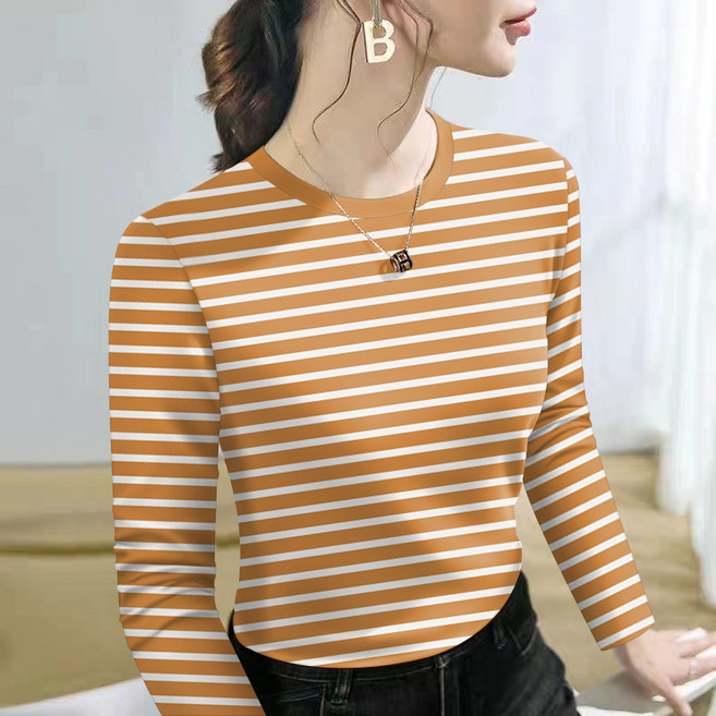 디멜디 여성용 배색 라운드넥 이너 스트라이프 긴팔 티셔츠