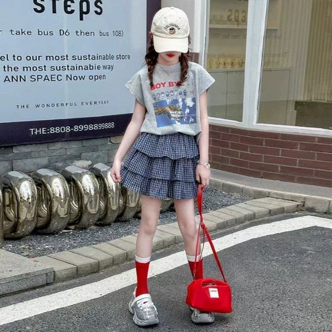 에이비프 아동용 BAY 티 + 체크 깡깡 치마 세트