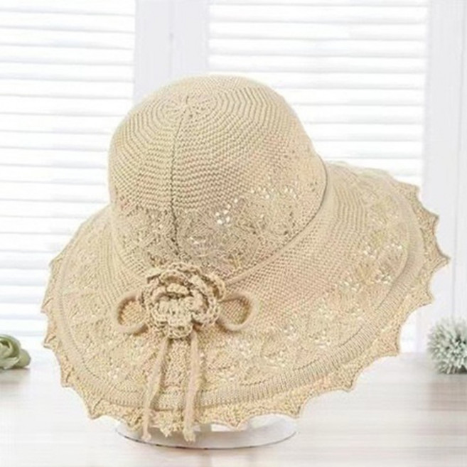 디멜디 여성용 꽃장식 뜨개 챙넓은 여름 밀짚스타일 모자