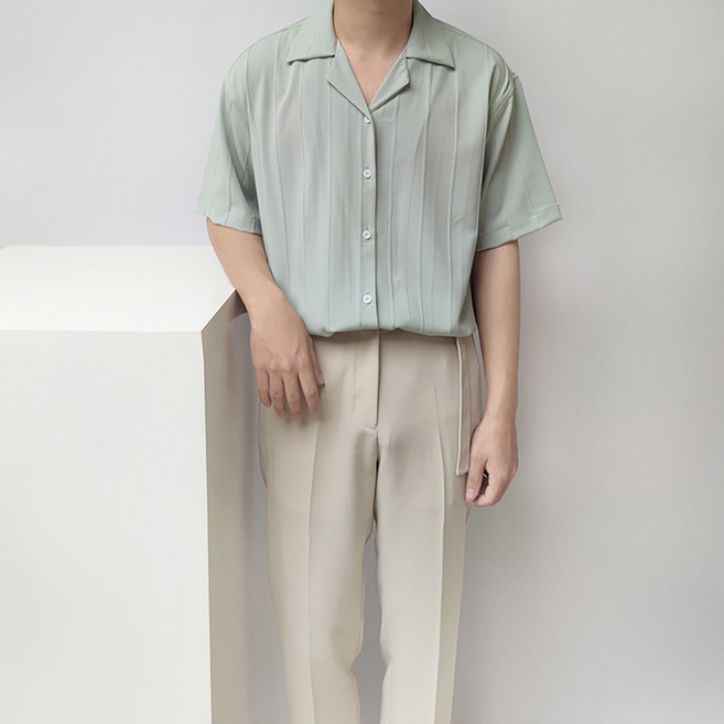 남성용 DM 플리츠 오픈 반팔 셔츠