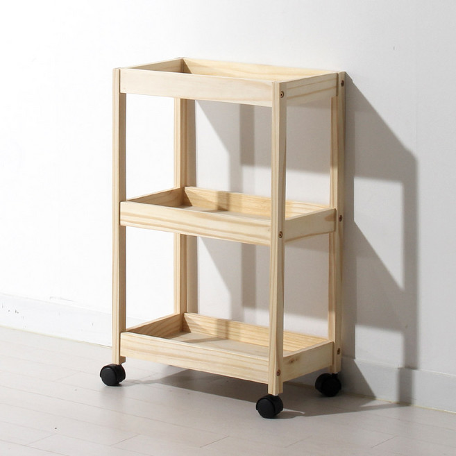 올리빙 원목 이동식 트롤리 중형, 내추럴, 3단