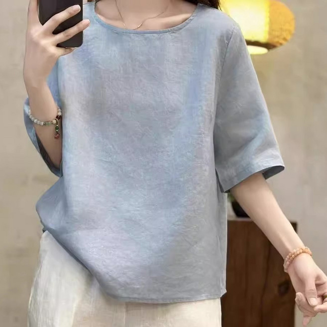 Banya Story 女款寬鬆亞麻短袖T恤 QQ87