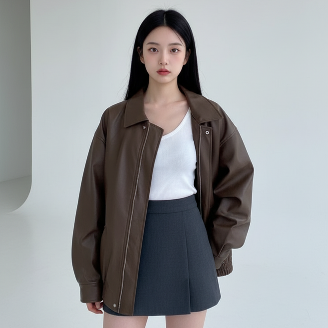 마켓피아 여성용 봄가을 집업 레더 자켓