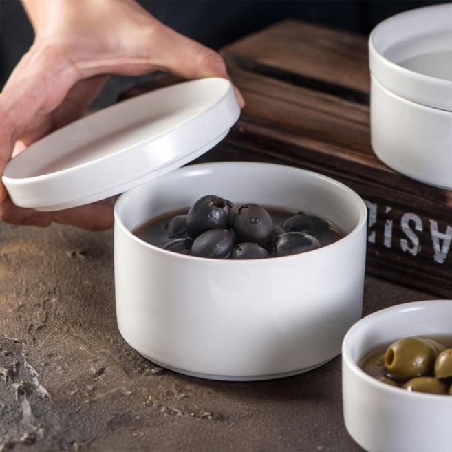 Parajuni 居家咖啡館極簡陶瓷小菜碗附蓋組 大 HJ1210, 白色, 1套