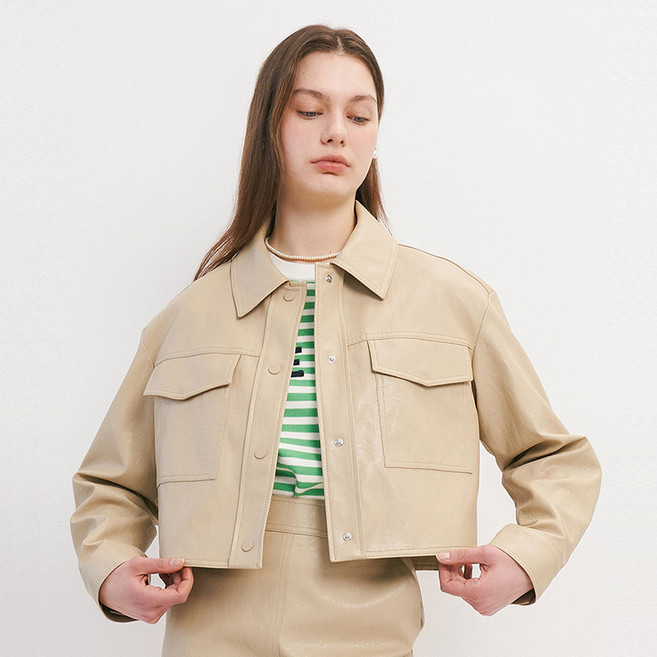 OLIVE DES OLIVE 女款襯衫式短版皮革夾克
