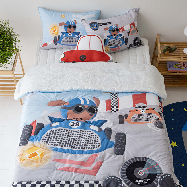 마이하우스 아동용 시어서커 쿨 냉감 손자수 여름 차렵이불 + 베개커버 세트, 레이싱 자동차
