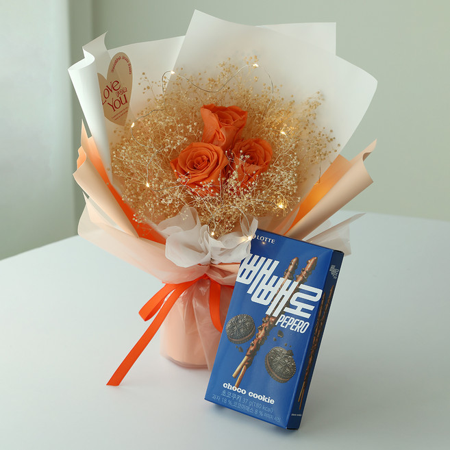 뷰티풀데코센스 빼빼로즈 생화 프리저브드 안개 장미 꽃다발 + 빼빼로 + 케이스 + LED전구 세트, 피치