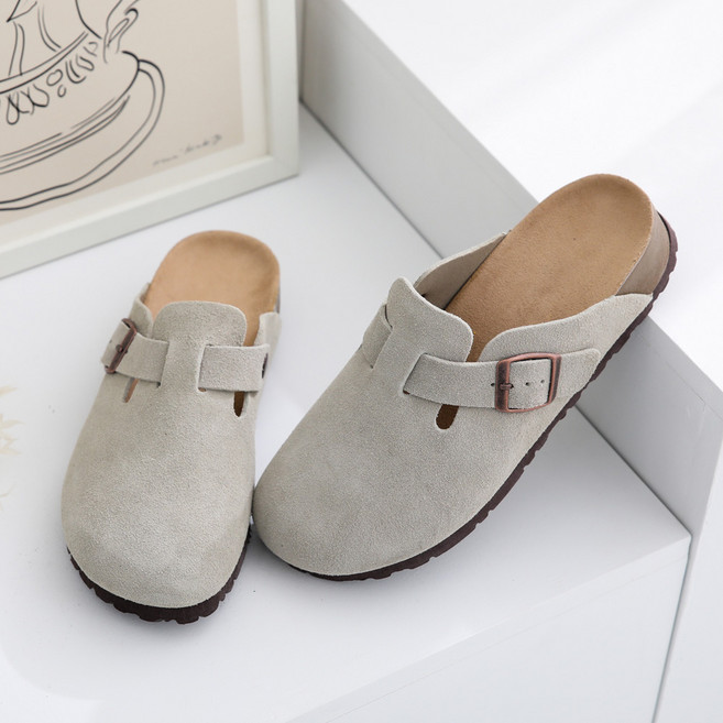 갓슈 보턴 가죽 세무 커플슬리퍼