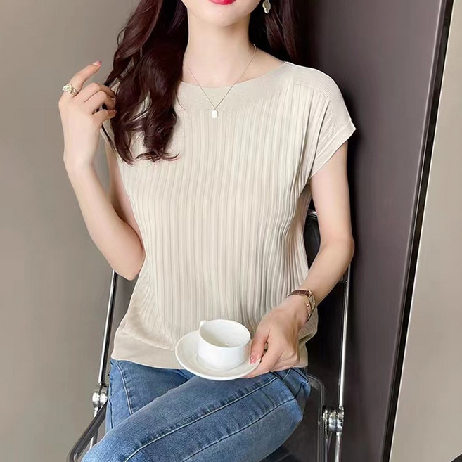 Moirbella 女款羅紋圓領短袖針織衫 O263-0174