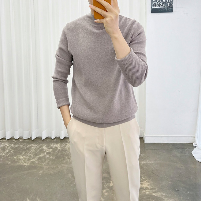 아도르클래식 남성용 엘브 하프 반목폴라 부드러운 터치 캐시미어 긴팔 니트