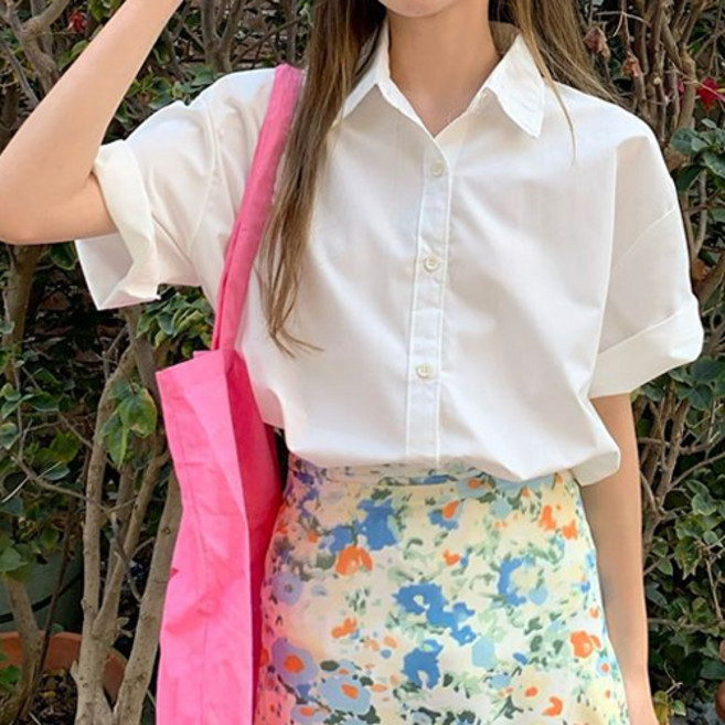 아이캔심플 여성용 프렌치 시크 루즈핏 반팔 셔츠