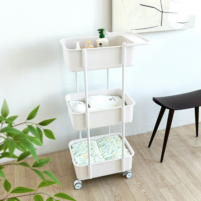 플라팜 2세대 코코맘 이동식 트롤리 일반형 3단 기저귀 정리함, 아이보리, 1개