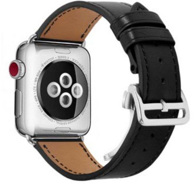 4YOU Apple Watch 3/4/5/6/7/SE 蝴蝶扣皮革錶帶 (相容38/40/41mm), 黑色, 1個