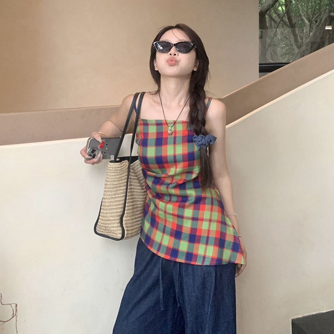 닷이프 여성용 언발란스 체크 컬러풀 슬리브리스 D263-0165