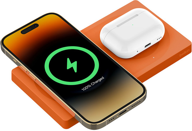 벨킨 부스트차지 프로 맥세이프 2 in 1 고속 무선 충전 패드 15W WIZ019bt, 오렌지(WIZ019btOG), 1개