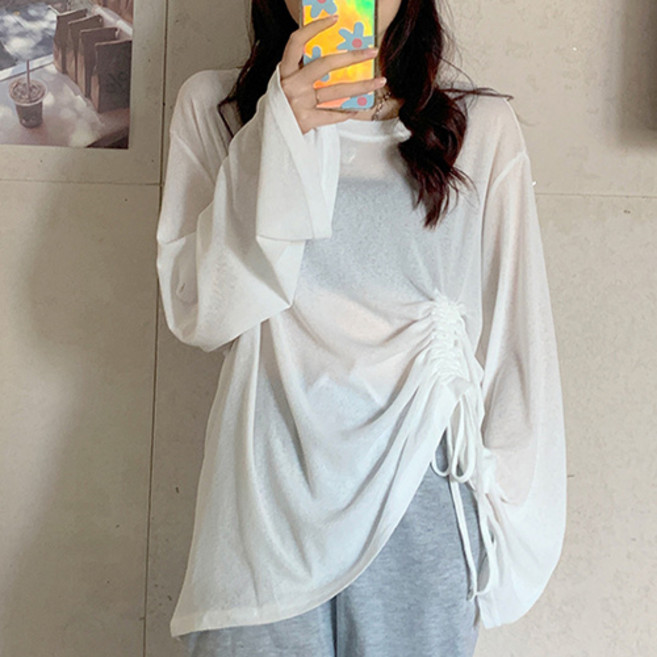 여성용 플로우폼 썸머데이 시스루 크롭 긴팔 티셔츠