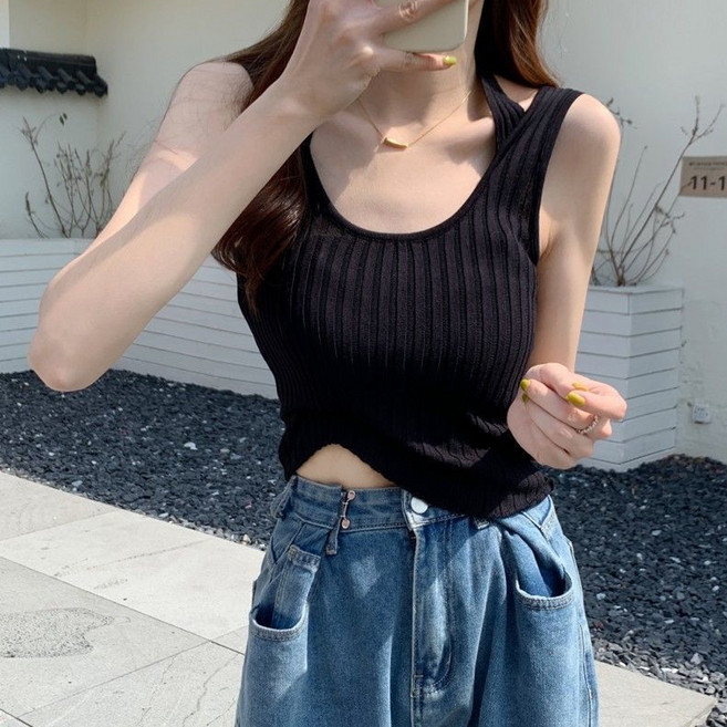 더시럽 여성용 홀터 스트랩 골지 크롭 나시