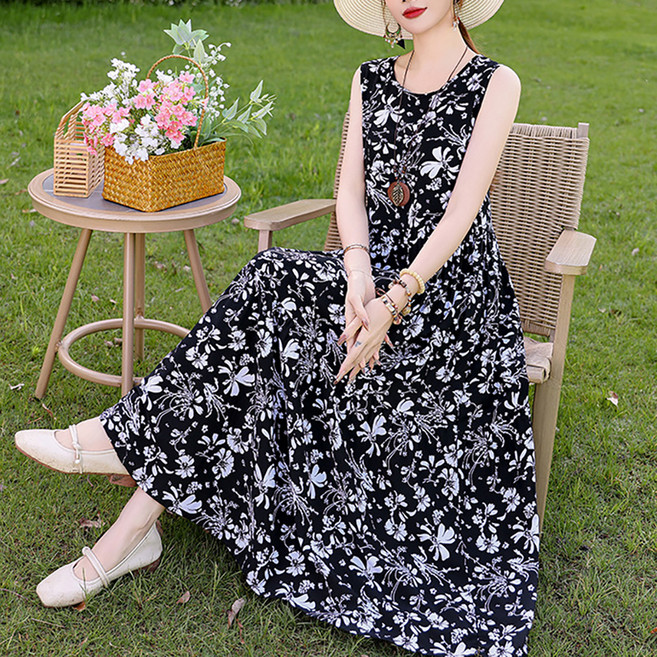 MarketA 女款碎花圖案無袖長版連身裙, 黑色
