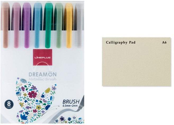 라인플러스 드림온 메탈릭 브러쉬펜 8색 + 두성종이 캘리그라피 패드 A6 30매, 혼합색상, 1세트