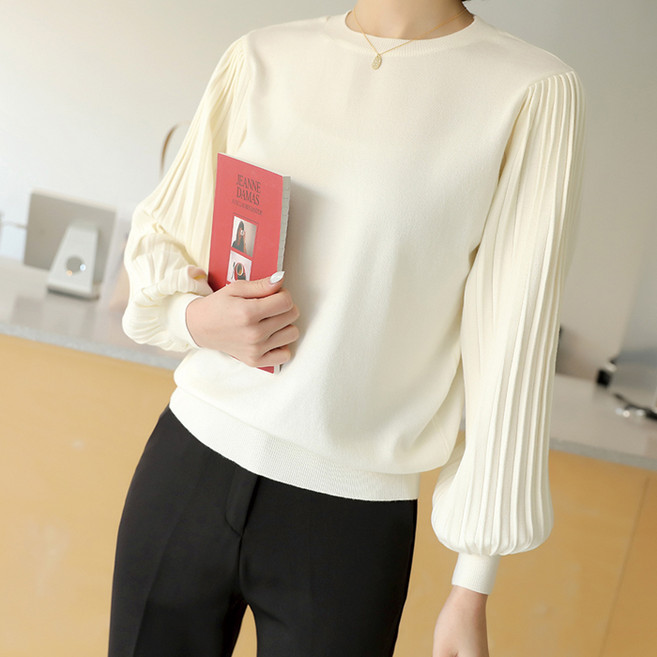 빼빼 여성용 라운드넥 퍼프주름소매 니트티셔츠