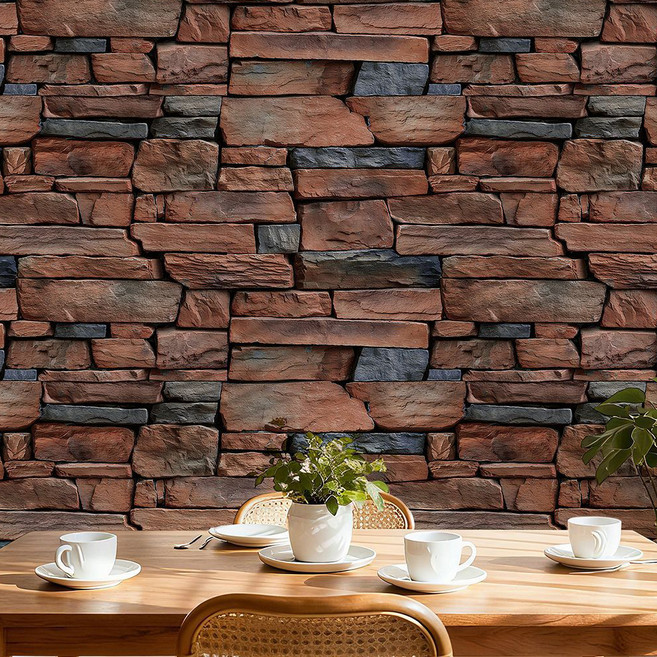 3D 접착식 벽지, 적갈색 자연석 파벽돌 패턴
