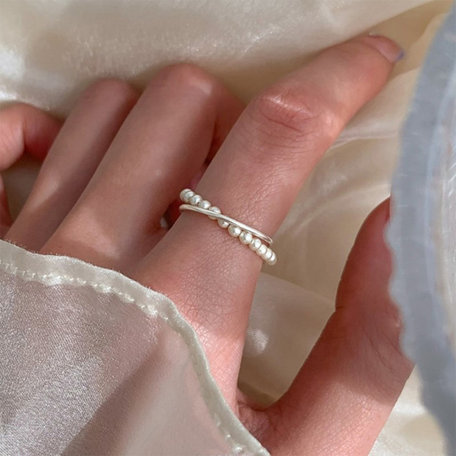 젤루나 여성용 진주 라운드 슬림 일자 더블 레이어드 실반지 B-122