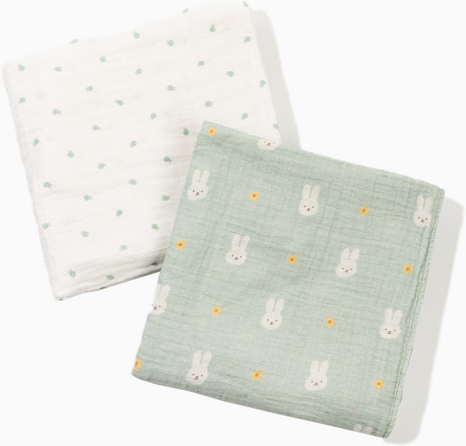 꿈비 미미루 유아용 머슬린 애착 블랭킷 2종 세트, 민트래빗, 그린라임