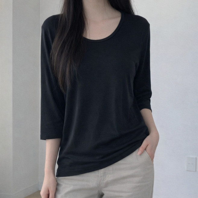 Lalaon 女款人造絲彈性纖維簡約U領八分袖T恤 26TSP3701