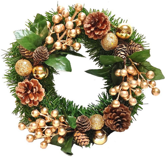 MODACore 摩達客 台製歐風典雅14吋大地盛宴金球果松果聖誕花圈_福臨圈, 金色系, 1個