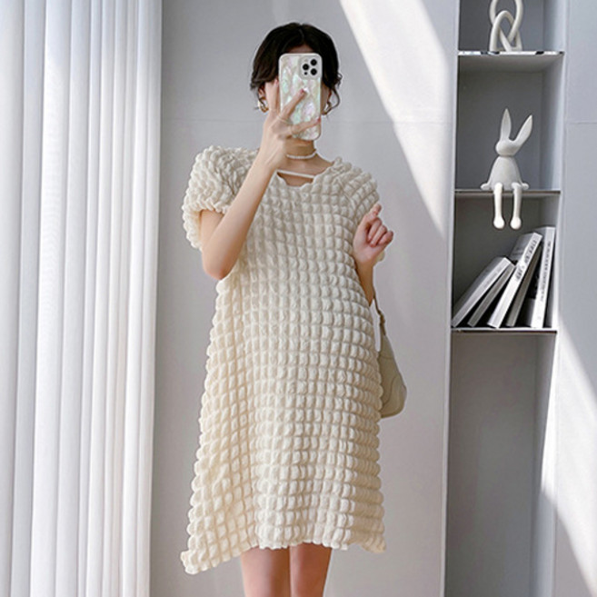 와플 V넥 임부 원피스